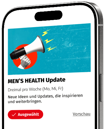 Hand hält ein Megafon, in einem Smartphone ist das MEN’S HEALTH Update Banner zu sehen.